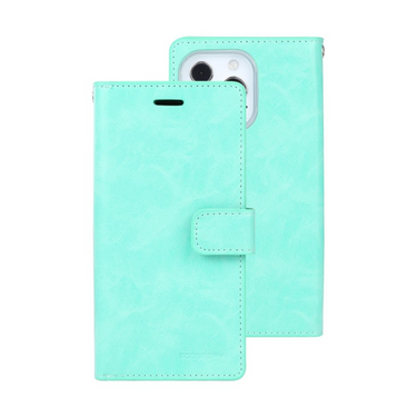 iPhone 14 Plus Flip Wallet Case Cover with Metal Snap-On Fastener - PU Leather & TPU Featuring Front Cover, Multiple Card Holder Slots & Shock Resistance - Navy&Mint